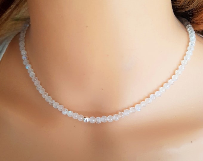 Tiny AA Moonstone bead necklace or choker in Sterling Silver or 14K Gold Fill - June Birthstone jewellery gift for her mum girl