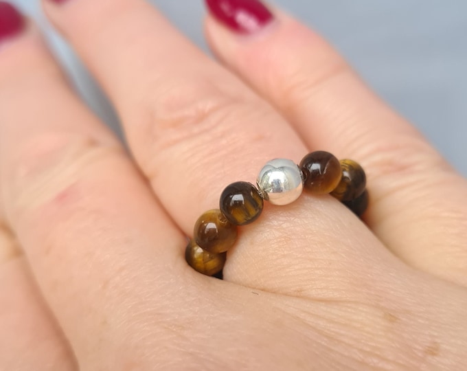 Tiger's Eye stretch Ring with a Sterling Silver or 14K Gold Fill accent bead Healing jewellery Ladies ring Men's ring Chakra Ring gift