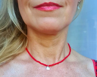 Tiny Red crystal choker necklace Sterling Silver hammered heart - red beaded jewellery gift for  girlfriend teenage girl gift