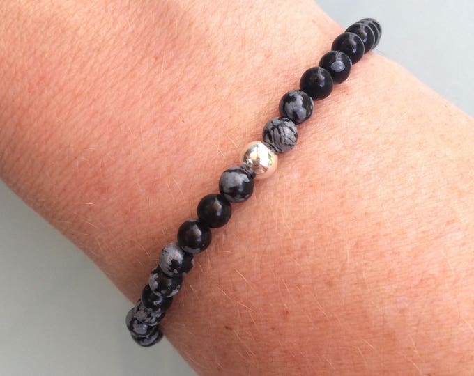 SNOWFLAKE OBSIDIAN stretch Bracelet Sterling Silver / Gold Fill 4mm Black & gray gemstone bead Bracelet root chakra jewelry gift for her him