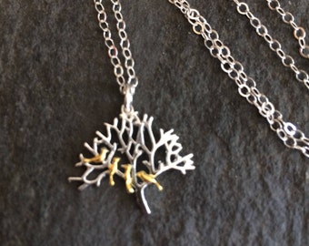 Sterling Silver Tree of life necklace with 4 TINY Gold birds dainty family tree pendant necklace nature  bird lover watcher gift for her mum