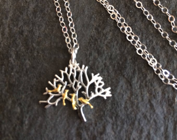 Sterling Silver Tree of life necklace with 4 TINY Gold birds dainty family tree pendant necklace nature lover bird watcher gift for her mum
