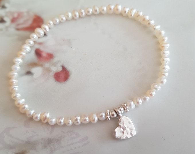 Tiny Freshwater Pearl STRETCH Bracelet Sterling Silver hammered heart small white seed pearl Bracelet simple real pearl jewellery gift mum