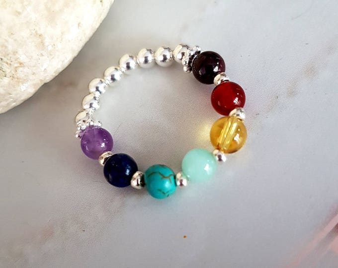 7 CHAKRA ring Sterling Silver tiny gemstone bead stretch ring  YOGA ring Chakra jewelry Boho jewellery Rainbow Healing Ring