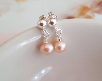 Small Peach pink Freshwater pearl drop earrings Sterling Silver or Gold Fill tiny 5mm real pearl earrings June Birthstone Jewellery gift