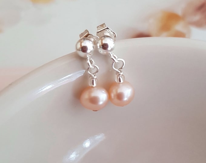 Small Peach pink Freshwater pearl drop earrings Sterling Silver or Gold Fill tiny 5mm real pearl earrings June Birthstone Jewellery gift