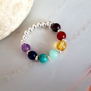 7 CHAKRA ring Sterling Silver tiny gemstone bead ring 4mm small beaded stretch ring YOGA ring Chakra jewelry Boho jewellery Rainbow Healing