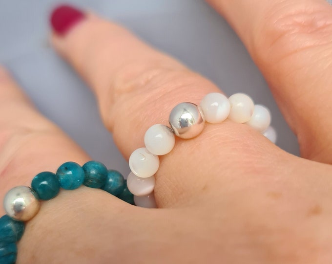 MOTHER of PEARL stretch ring Sterling Silver or 14K Gold Fill- June Birthstone ring - Boho ring - Chakra ring