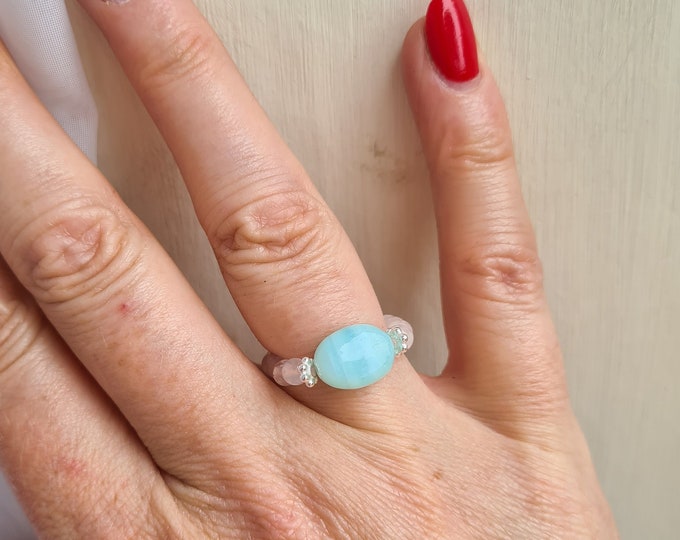 Moonstone and Larimar stretch ring STERLING SILVER or Gold Fill beaded white and blue gemstone bead ring June Birthstone jewellery gift