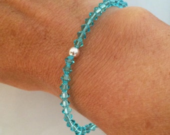 Turquoise crystal stretch bracelet Sterling Silver / Gold blue 4mm Swarovski Crystal bead bracelet December Birthstone gift for teenage girl