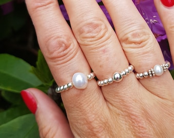 Baroque Freshwater Pearl Sterling Silver stretch ring beaded stacking pearl ring large white Pearl ring jewelry white real pearl jewellery