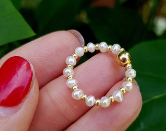 Tiny white Freshwater seed Pearl stretch ring 14K Gold Fill or Sterling Silver - June Birthstone jewelry - real pearl jewellery gift