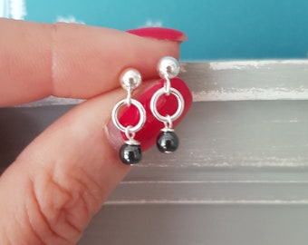 Tiny Black Hematite earrings Sterling Silver stud small black gemstone bead drop earrings chakra Healing jewellery gift for her girl or him