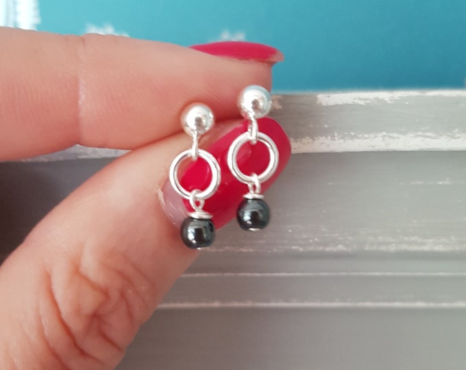 Tiny Black Hematite earrings Sterling Silver stud small black gemstone bead drop earrings chakra Healing jewellery gift for her girl or him