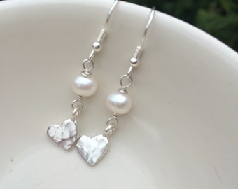 Sterling Silver hammered heart and freshwater pearl earrings real pearl drop earrings Silver heart earrings June Birthstone jewellery gift