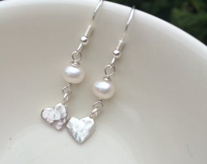 Sterling Silver hammered heart and freshwater pearl earrings real pearl drop earrings Silver heart earrings jewelry gift for sis mum prom