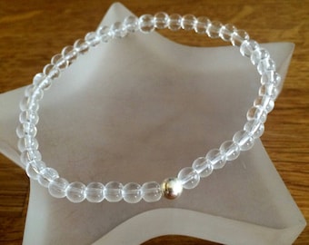 CLEAR QUARTZ stretch Bracelet with Sterling Silver or 14K Gold Filled accent bead  - April Birthstone jewellery gift for mum daughter girl