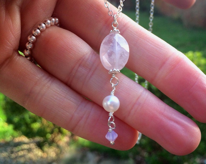 Sterling Silver Rose Quartz necklace or Gold Fill with Freshwater pearl January Birthstone jewellery - Heart Chakra jewelry gift