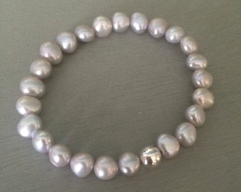Grey Freshwater Pearl stretch bracelet Sterling Silver 7mm Silver grey Baroque pearl bracelet real Pearl June Birthstone Jewellery gift her