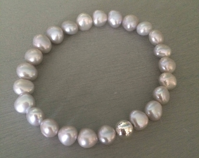 Grey Baroque Freshwater Pearl stretch bracelet Sterling Silver bead gray pearl bracelet large Pearl jewelry stacking beaded bracelet gift