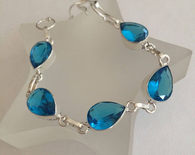 STERLING SILVER Blue Topaz Quartz CABOCHON bracelet - December Birthstone jewellery -Throat Chakra jewellery Gift