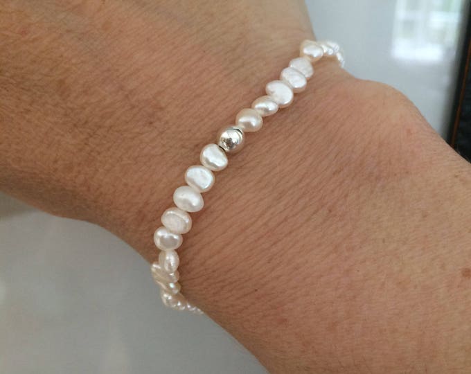 Tiny Freshwater Pearl STRETCH Bracelet with a Sterling Silver or 14ct Gold Fill accent bead - June Birthstone jewellery gift