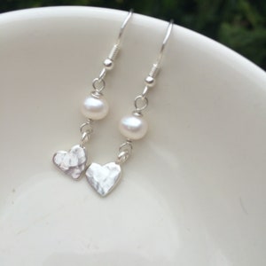 Sterling Silver hammered heart and freshwater pearl earrings real pearl drop earrings Silver heart earrings June Birthstone jewellery gift