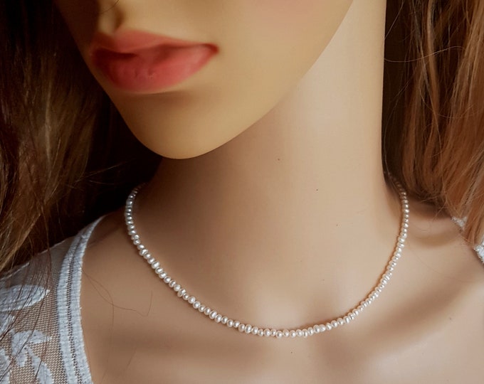 Tiny Freshwater seed Pearl necklace choker Sterling Silver or Gold Fill small 3mm white real pearl necklace June Birthstone jewellery gift