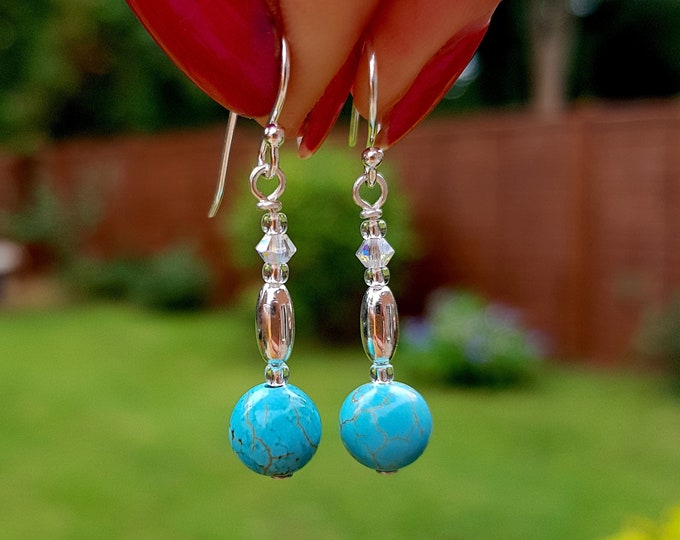 Turquoise gemstone bead earrings Sterling Silver - December Birthstone jewelry gift - throat chakra jewellery