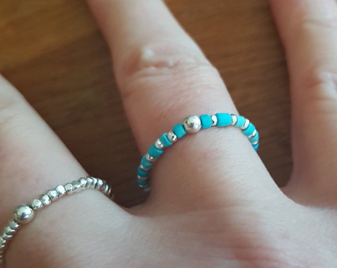 Tiny Sterling Silver Turquoise ring blue Heishi gemstone bead stretch ring Boho stacking ring Turquoise December Birthstone jewellery gift