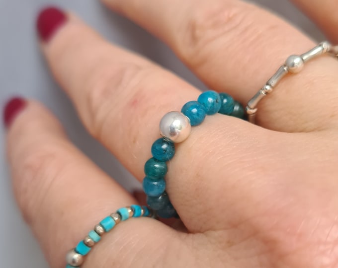 Apatite Ring Sterling Silver stretch ring or Gold fill small blue gemstone bead Ring throat chakra ring Apatite jewellery gift for men girl