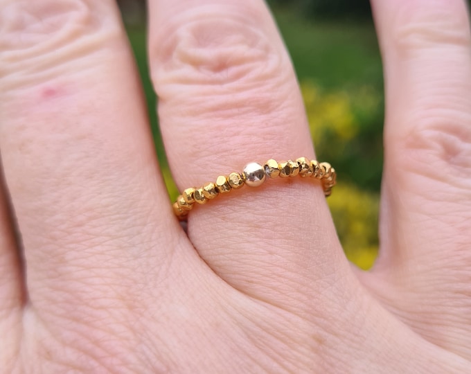 Tiny Gold nugget  stretch bead ring -24K Gold over Sterling Silver - Boho jewellery gift girl