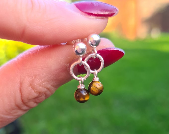 Tiny Tigers Eye earrings Sterling Silver stud or 14K Gold Fill - Healing Chakra jewellery gift