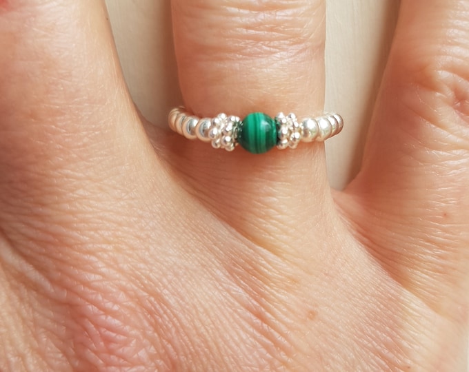 Malachite ring Sterling Silver or Gold Fill green gemstone bead stretch ring beaded stacking ring Boho teenage girl heart Chakra jewellery