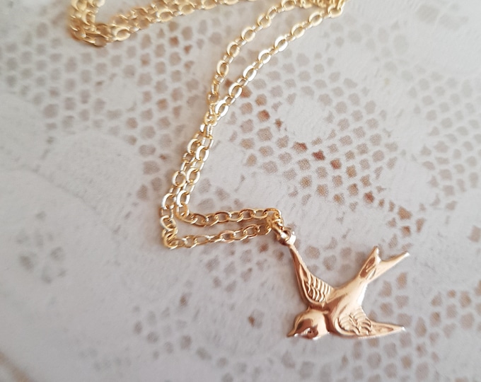 24K Gold Vermeil bird necklace choker small Gold bird pendant real 24K Gold over Sterling Silver swallow bird necklace jewellery gift