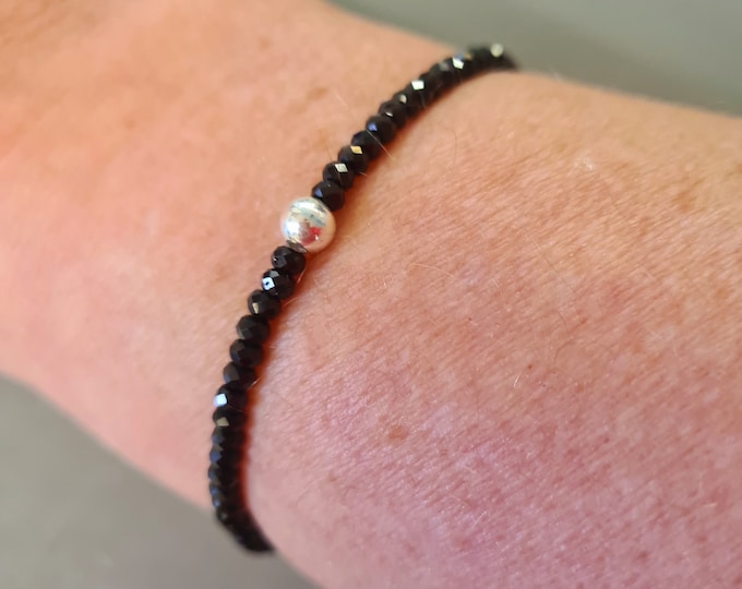 Sparkly tiny Black Spinel gemstone bead stretch bracelet with Sterling Silver or Gold Fill accent bead
