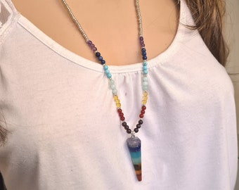 7 CHAKRA gemstone bead necklace long rainbow bead necklace and pendant multi crystal beaded necklace Chakra jewellery Boho jewelry Yoga gift