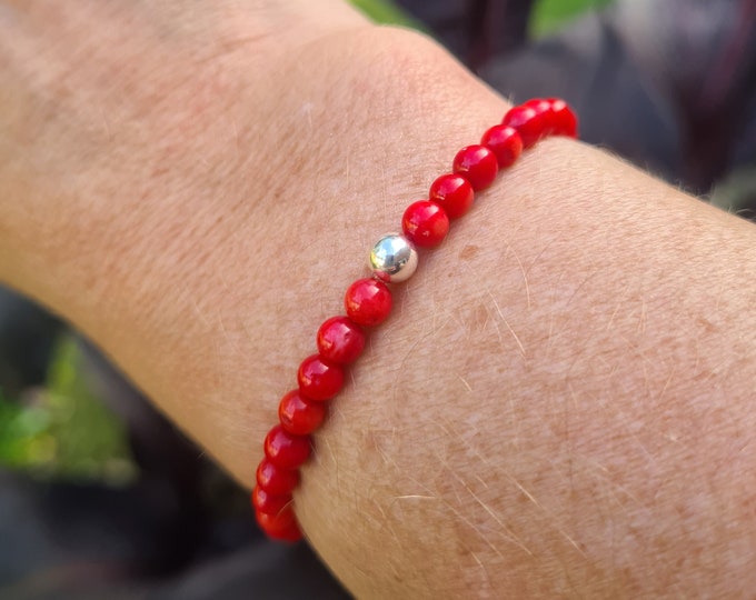 Red Coral stretch Bracelet Sterling Silver or Gold bead tiny 4mm dyed red Coral gemstone bead Bracelet Chakra beaded jewellery gift healing