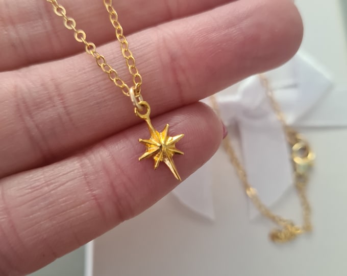 Tiny 24K Gold Vermeil  star necklace choker Simple Gold Fill star necklace  small Gold sun pendant layering jewellery teenage gift for girl
