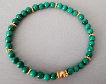 Green Malachite stretch Bracelet Gold Fill or Sterling Silver - Malachite jewelry beaded - Heart chakra - Yoga lover jewellery gift