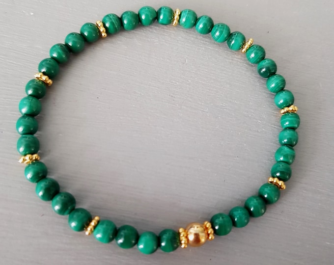 Green Malachite stretch Bracelet Gold Fill or Sterling Silver - Malachite jewelry beaded - Heart chakra - Yoga lover jewellery gift