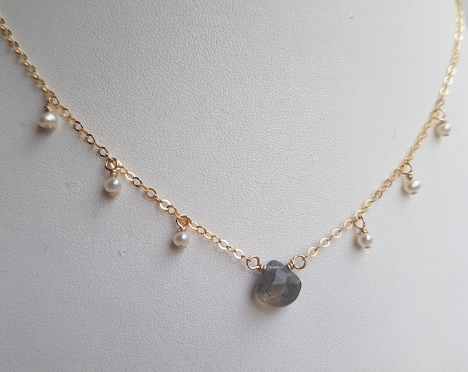 Tiny Labradorite necklace choker with tiny Freshwater seed pearls in 14K Gold Fill or Sterling Silver - dainty jewellery gift
