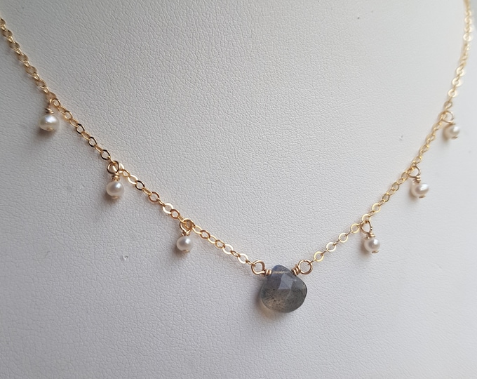 Tiny Labradorite necklace choker with tiny Freshwater seed pearls in 14K Gold Fill or Sterling Silver - dainty jewellery gift