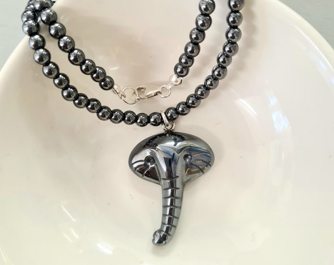 Black Hematite necklace with elephant pendant Sterling Silver - lucky chakra jewellery gift