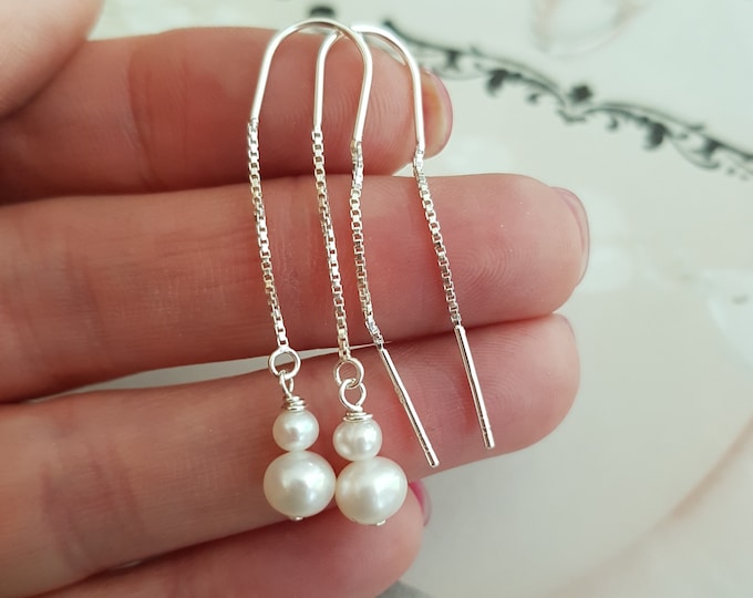 Freshwater pearl threader earrings simple Sterling Silver white pearl drop earrings long real pearl earrings jewelry gift boho jewellery