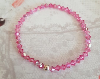 Pink AB crystal stretch bracelet Sterling Silver or Gold Fill tiny 4mm Rose pink AB bead bracelet Swarovski crystal handmade jewellery gift