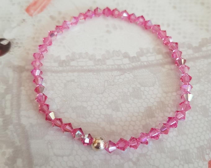 Pink AB crystal stretch bracelet Sterling Silver or Gold Fill tiny 4mm Rose pink AB bead bracelet Swarovski crystal handmade jewellery gift