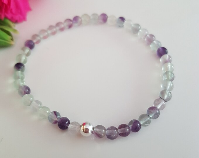 Fluorite stretch beaded Bracelet with Sterling Silver or 14K Gold Fill bead - Chakra healing crystal jewellery gift