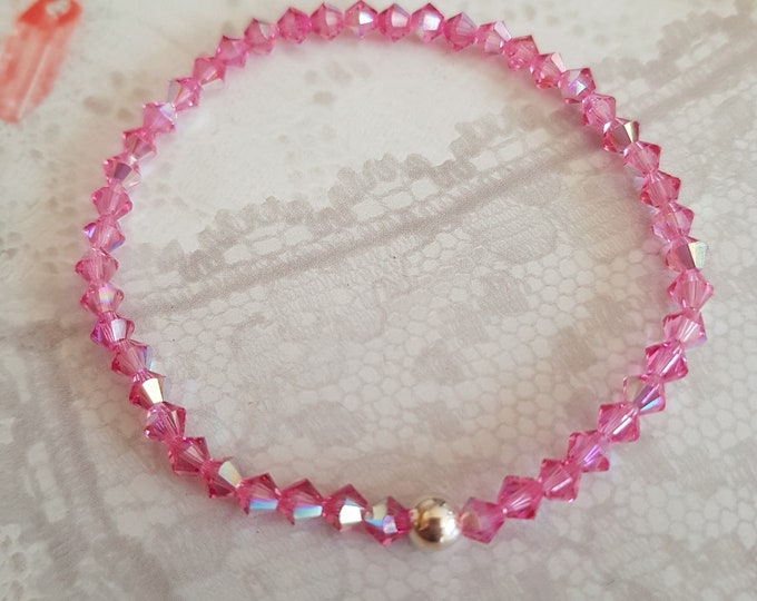 Pink crystal bracelet Sterling Silver / Gold tiny 4mm Rose pink AB bead bracelet Swarovski crystal stretch bracelet handmade jewellery gift