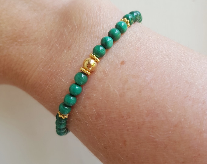 Green Malachite stretch Bracelet Gold Fill or Sterling Silver - Malachite jewelry beaded - Heart chakra - Yoga lover jewellery gift